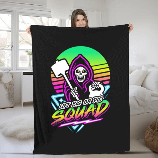 Lift Big Or Die Squad (Gym Reaper) Retro Neon Fleece Blankets