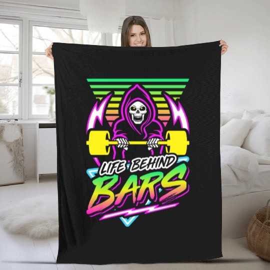 Life Behind Bars (Gym Reaper) Retro Neon Synthwave Fleece Blankets