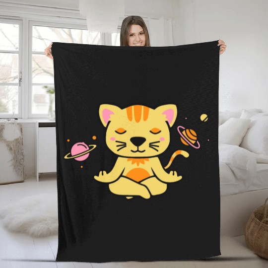 zen yoga cat space meditation planets stars Fleece Blankets