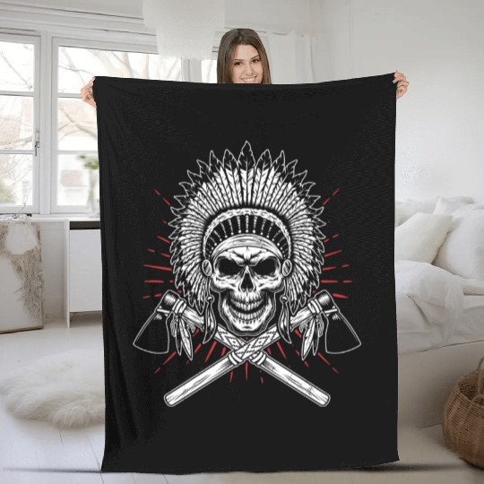 Native American Chief Skull Axe Fleece Blankets