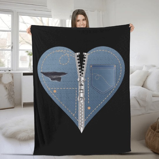 light blue heart in jeans look with zipper Fleece Blankets