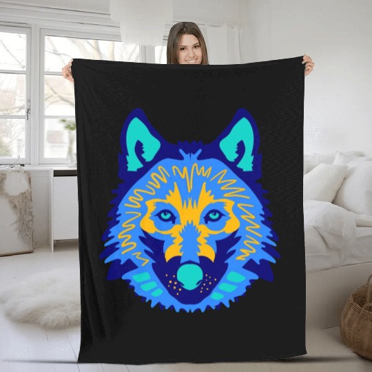 blue wolf face Fleece Blankets