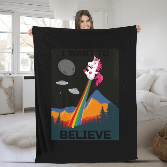 Unicorn "I Want To Believe" UAP Outfit Alien Ufo Fleece Blankets