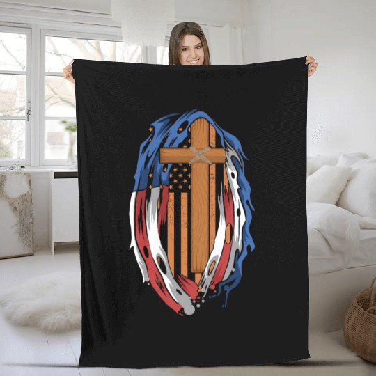 American Flag Jesus Cross Religious US Fleece Blankets