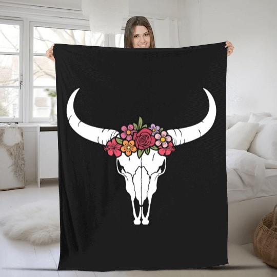 Floral bull skull Fleece Blankets