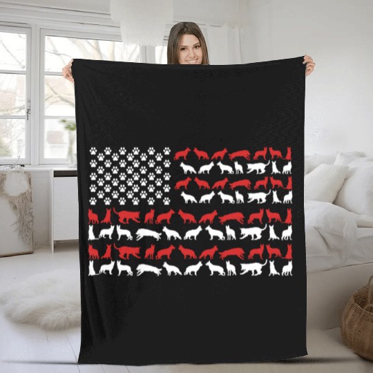 German Shepherd US FLAG Fleece Blankets