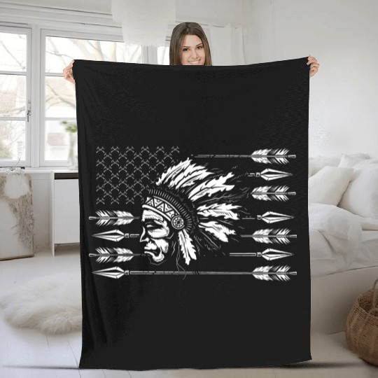Chief Native American Traditional US Flag Fleece Blankets