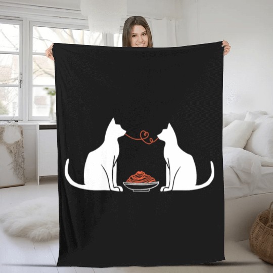 Funny Valentines Day Cat Lover Eating Spaghetti Fleece Blankets