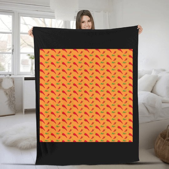 Red Chilli Pepper Pattern on orang Fleece Blankets