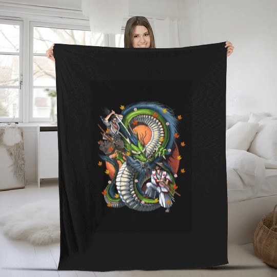 Japanese Dragon Samurai Warrior Battle Fleece Blankets
