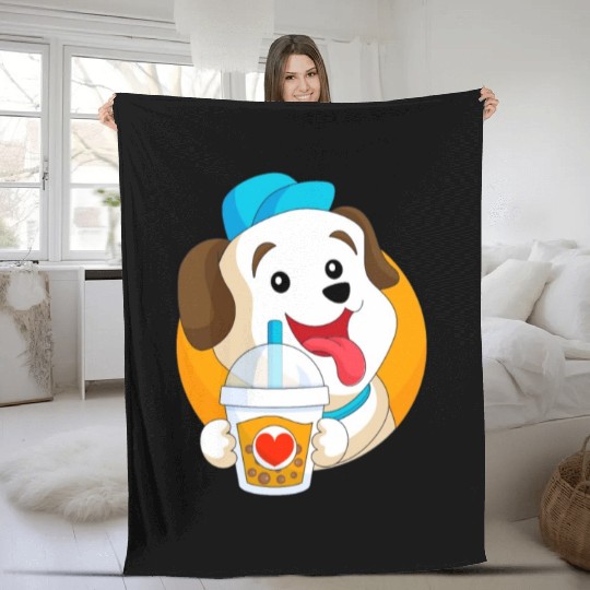 Kawaii Dog Loves Fleece Blankets Boba Tea Bubble Tea Anime