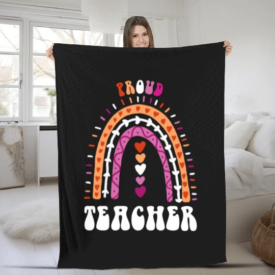 Proud Teacher Lesbian Pride Boho Rainbow Fleece Blankets