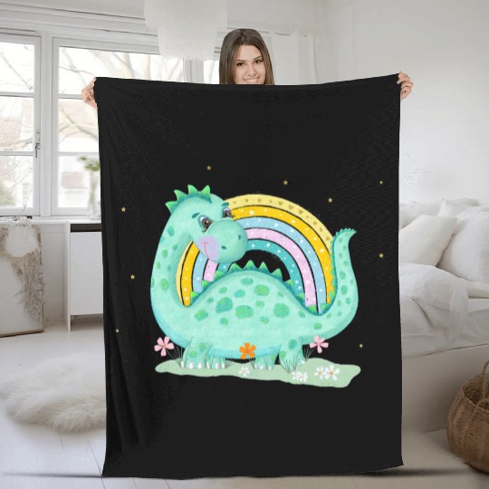 Dinosaur with Rainbow and Flowers Fleece Blankets