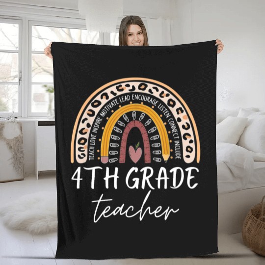 4th grade teacher leopard rainbow back to school Fleece Blankets