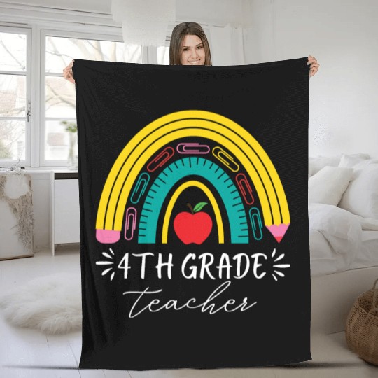4th grade teacher back to school rainbow pencil Fleece Blankets