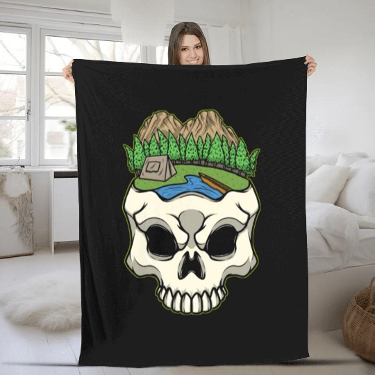 Skeleton Head Camp Campsite Camper Camping Fleece Blankets