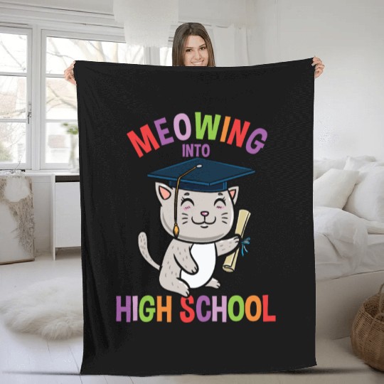 Moewing Into High School Cat Back To School Fleece Blankets