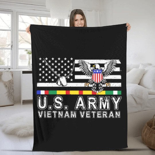 Vietnam Veteran Eagle US Flag Dog Tag Vintage Fleece Blankets