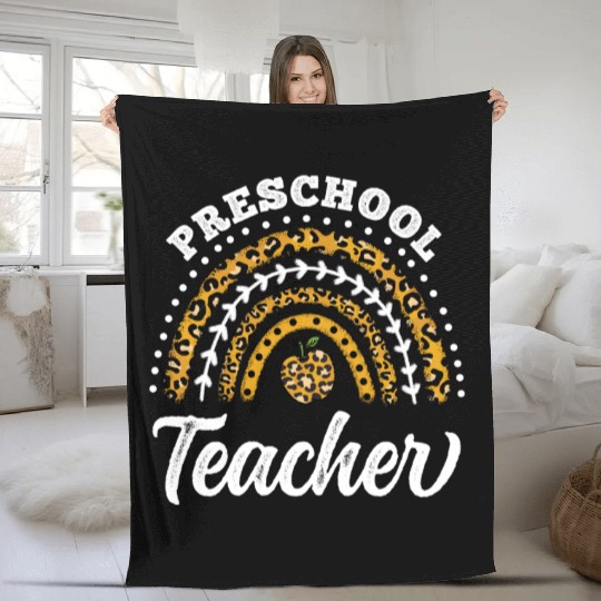 Preschool Teacher Leopard Rainbow Back To School Fleece Blankets