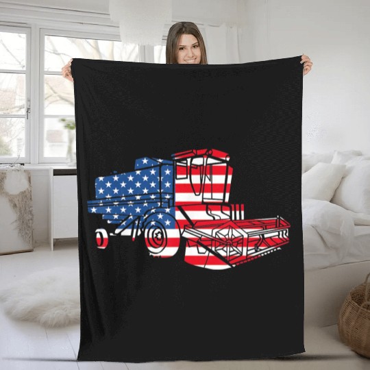 Farm Tractor American Flag Combine Harvester Fleece Blankets