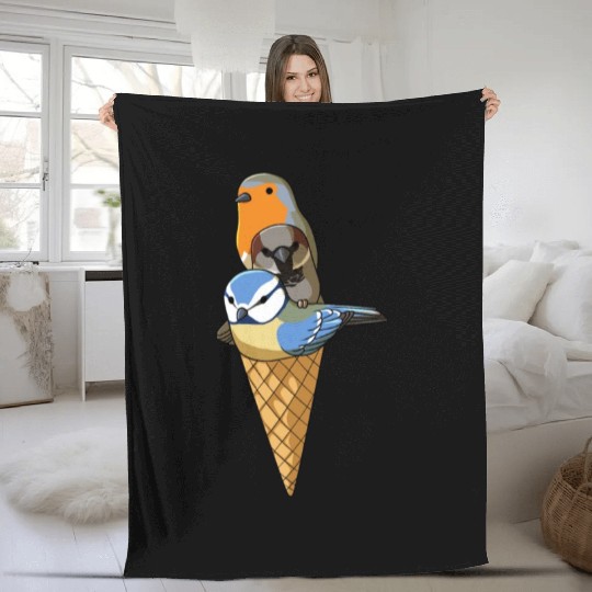 Funny Birds Ice Cream Robin, Blue Tit and House Fleece Blankets