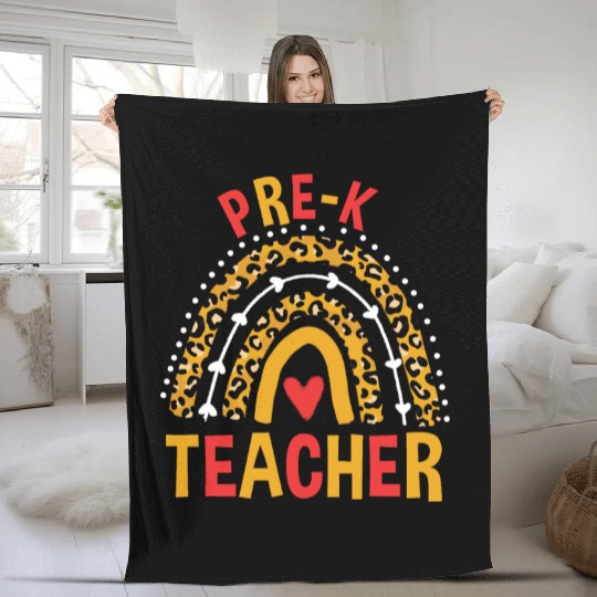 Back To School Leopard Pre-K Teacher Rainbow Fleece Blankets