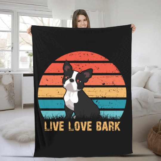 Live Love Bark Retro Vintage Boston Terrier Funny Fleece Blankets