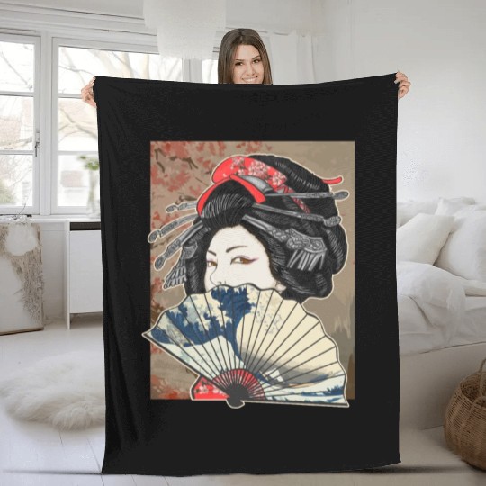 Vintage Cherry Blossom Japanese Geisha Girl Fleece Blankets