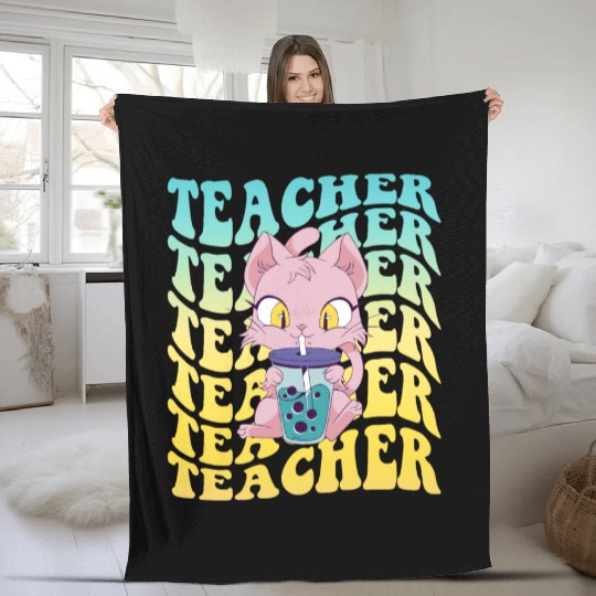 Boba Tea Teacher Kawaii Cat Groovy Back To School Fleece Blankets
