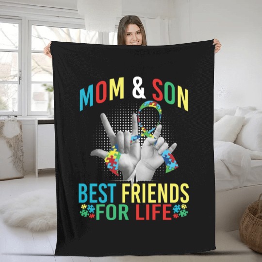 Mom And Son Best Friends For Life Autism Awareness Fleece Blankets