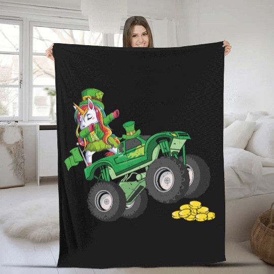 St Patricks Day Unicorn Monster Truck Lucky Girls Fleece Blankets
