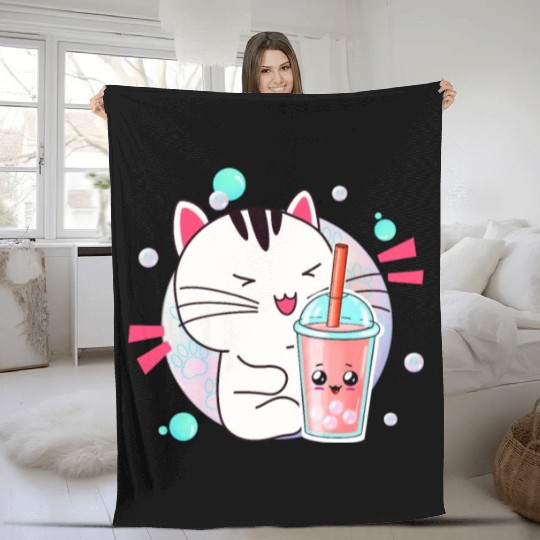 Kawaii Anime Cat Bubble Tea Fan Fleece Blankets