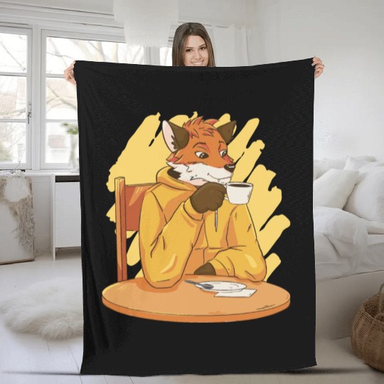 Fox Drinking Coffee Fleece Blankets