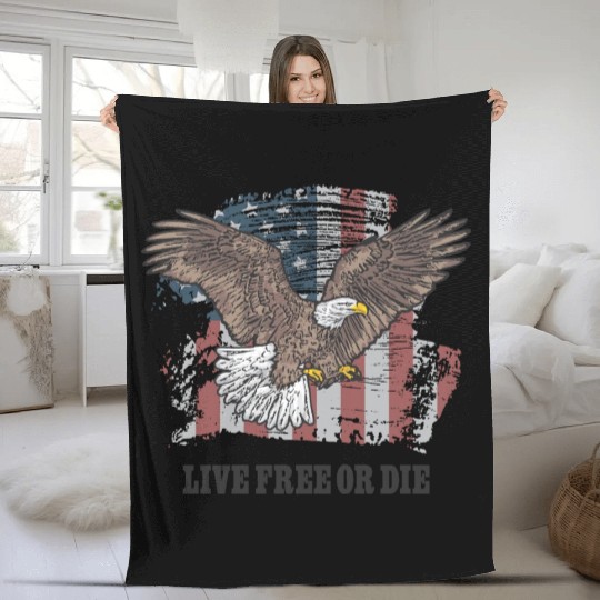 Live Free or Die - Bald Eagle - Grunge American Fl Fleece Blankets