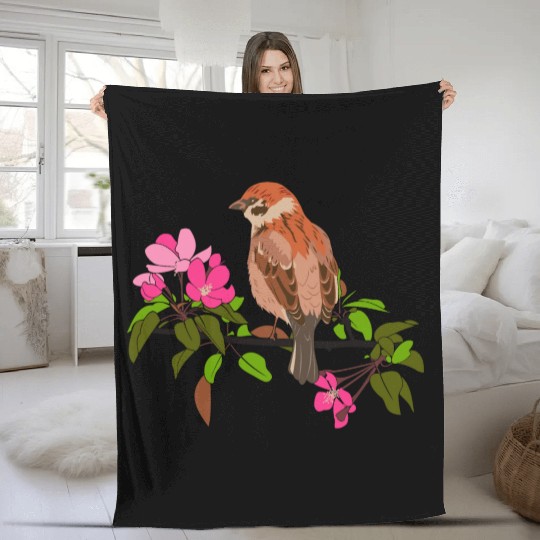 Sparrow on a branch pink flowers of an apple tree Fleece Blankets