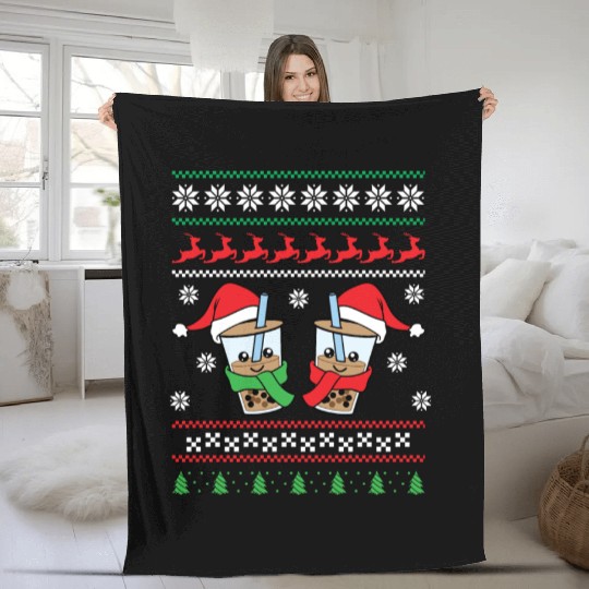 Christmas Bubble Boba Tea Winter Xmas Holiday Fleece Blankets