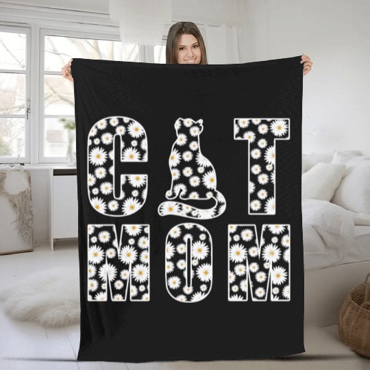 Cat Mom Cute Flowers Gift for Cat Lover Fleece Blankets