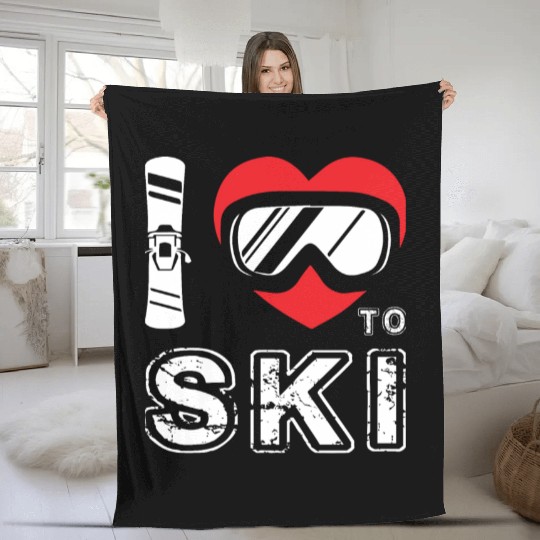 I Love To Ski Winter Sport Snowboarding Skiing Fleece Blankets