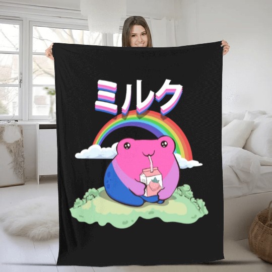 Kawaii Frog Strawberry Milk Bisexual Pride Flag Fleece Blankets