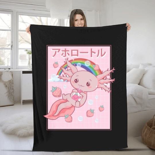 Kawaii Axolotl Strawberry Milk Fleece Blankets