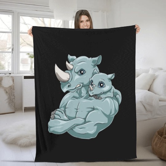 Strong Rhino with Rhino Kid for a Rhinoceros Fleece Blankets