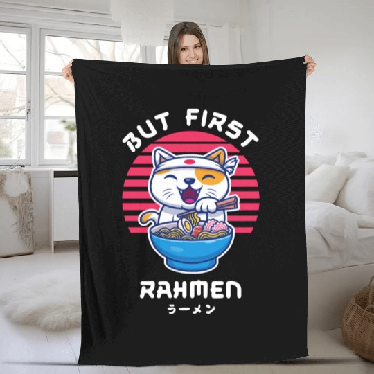 But First Ramen Cat Japan Kawaii Fleece Blankets
