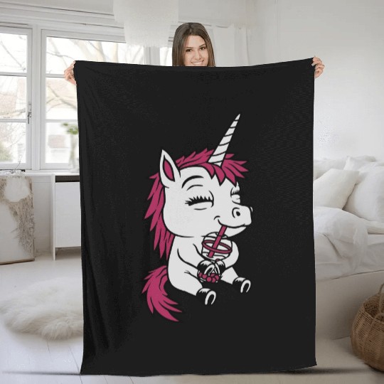 Boba tea drinking unicorn Fleece Blankets
