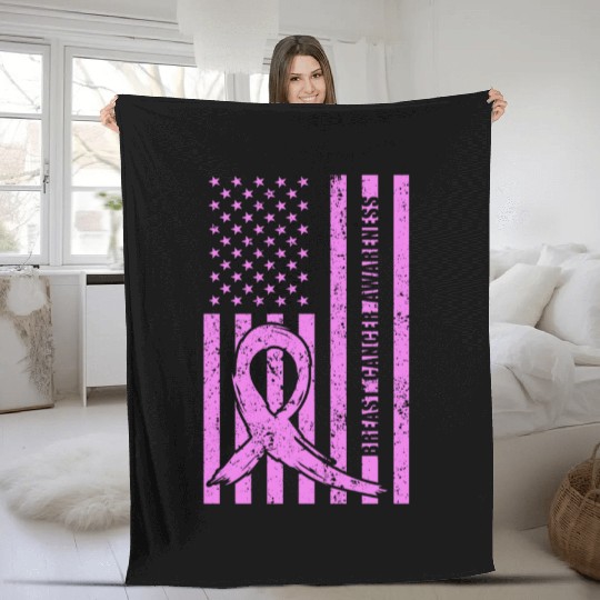 Pink Ribbon Breast Cancer Awareness US Flag Fleece Blankets