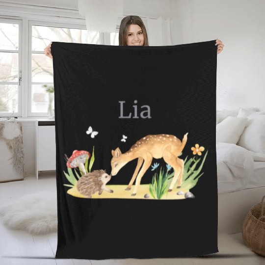 Forest Animal Deer Hedgehog Flowers Name Lia Fleece Blankets