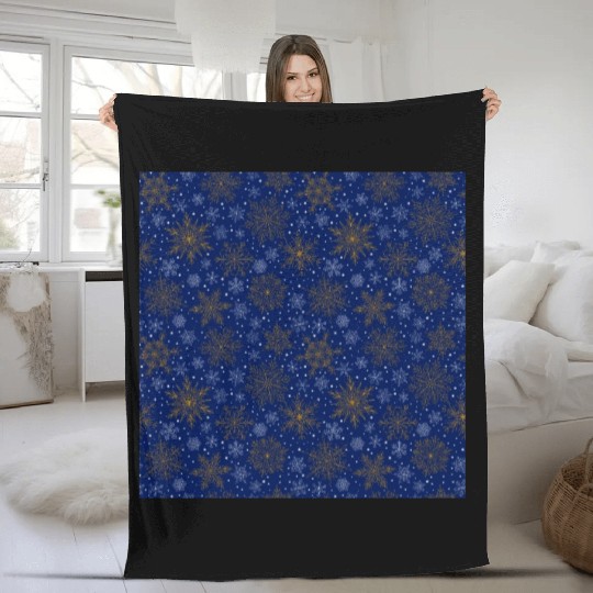 Snowflakes Pattern Blue Gold Fleece Blankets
