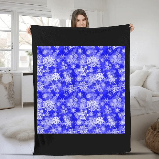 Navy Blue White Snowflakes Pattern Fleece Blankets
