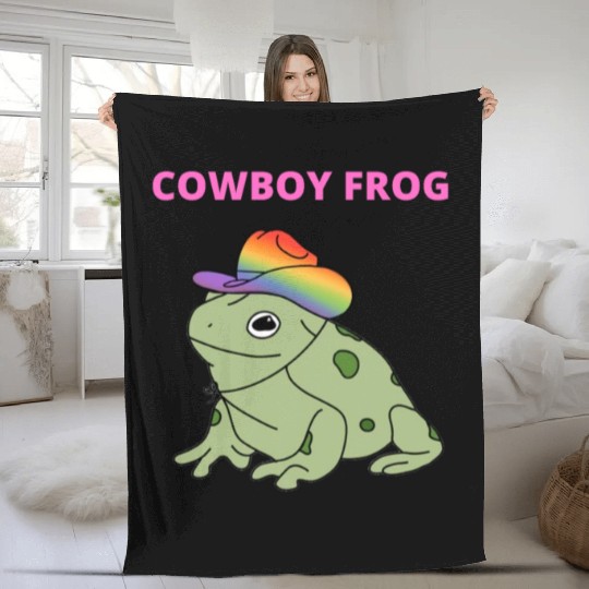 Cute frog in pride color cowboy hat Fleece Blankets