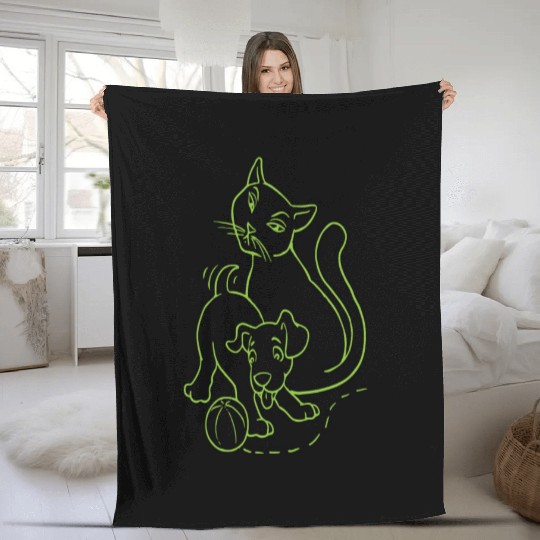 Cat And Dog Green Fleece Blankets