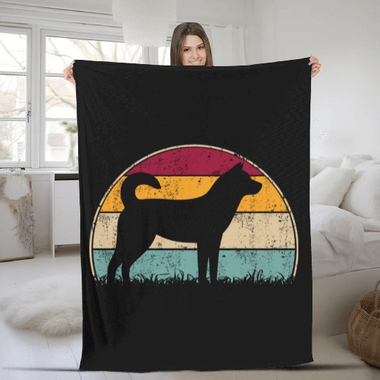 Korean Jindo Dog Retro Vintage Sunset Silhouette Fleece Blankets